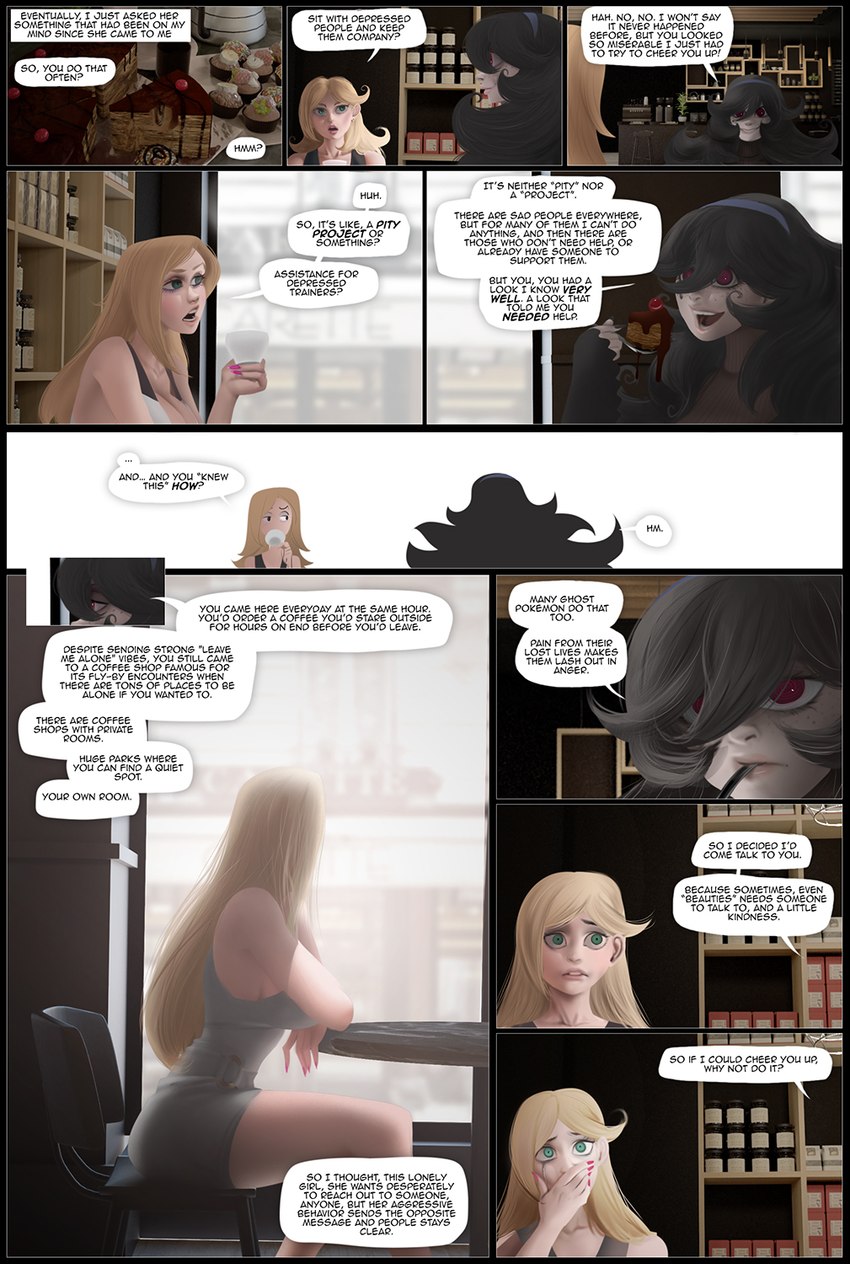 black_border black_hair blonde_hair border chair detailed_background dialogue eating female furniture hair sitting speech_bubble table text thekite annabelle_(thekite) lou_(thekite) human mammal comic english_text hi_res