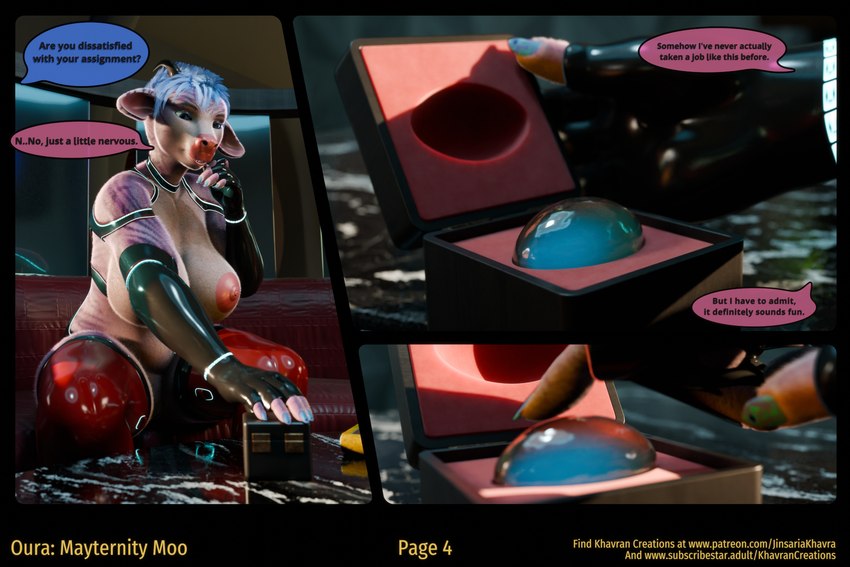 big_breasts blue_hair breasts clothing dialogue female hair latex latex_clothing science_fiction text jinsariakhavra mayternity oura bovid bovine cattle mammal 3d_(artwork) comic digital_media_(artwork) english_text hi_res url