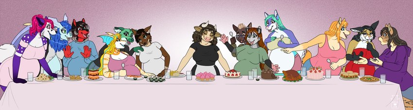 2_horns anthro black_body black_fur black_hair blonde_hair blue_eyes blue_hair breasts brown_body brown_eyes brown_fur brown_hair cake clothed clothed_anthro clothed_female clothing dessert eating eyelashes eyes_closed female female_anthro food fully_clothed fully_clothed_anthro fully_clothed_female fur furniture green_body green_eyes green_fur green_hair grey_eyes group group_pregnancy hair head_tuft hoodie horn long_hair multiple_pregnancies narrowed_eyes pink_eyes pink_hair pregnant pregnant_anthro pregnant_female purple_body purple_clothing purple_fur purple_hoodie purple_topwear red_body red_fur sitting standing table tan_body tan_fur tan_hair topwear tuft white_body white_fur yellow_body milk-jug the_last_supper azalea_knight creme_(creme-bean) daliah_cain_ashbrough inspy_rosewood josie_(rockytheowl) kathrin_engel milky_(milk-jug) nikki_hanako nyxena randy_(idahofox) sasha_sweets vaidita_o'possum vi_(kupilas) american_opossum bovid bovine canid canine canis cattle domestic_dog felid husky hybrid lunastra mammal marsupial nordic_sled_dog spitz 2022 colored digital_drawing_(artwork) digital_media_(artwork) english_description hi_res