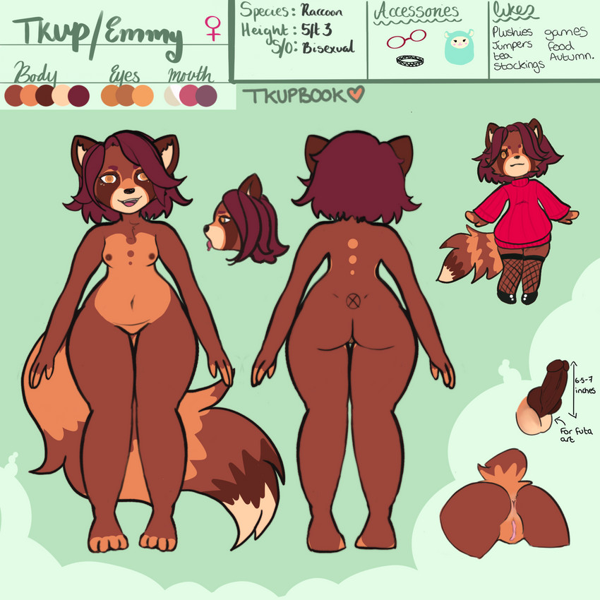 accessory anthro breasts chibi female genitals gynomorph intersex knot nipples penis pussy small_breasts solo text tkupbook tkup_(tkupbook) mammal procyonid raccoon 1:1 english_text hi_res model_sheet