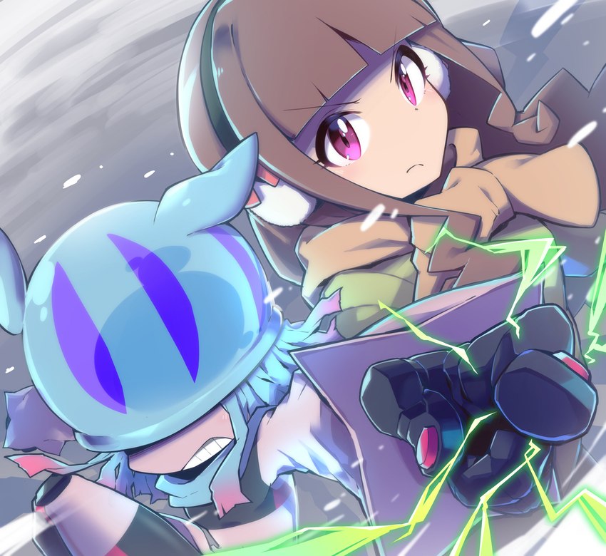 brown_hair clothing duo earmuffs electricity female gloves hair handwear long_hair purple_eyes scarf toyuri_angrm bandai_namco digimon digimon_ghost_game jellymon_(ghost_game) ruri_tsukiyono digimon_(species) human humanoid mammal teslajellymon absurd_res hi_res