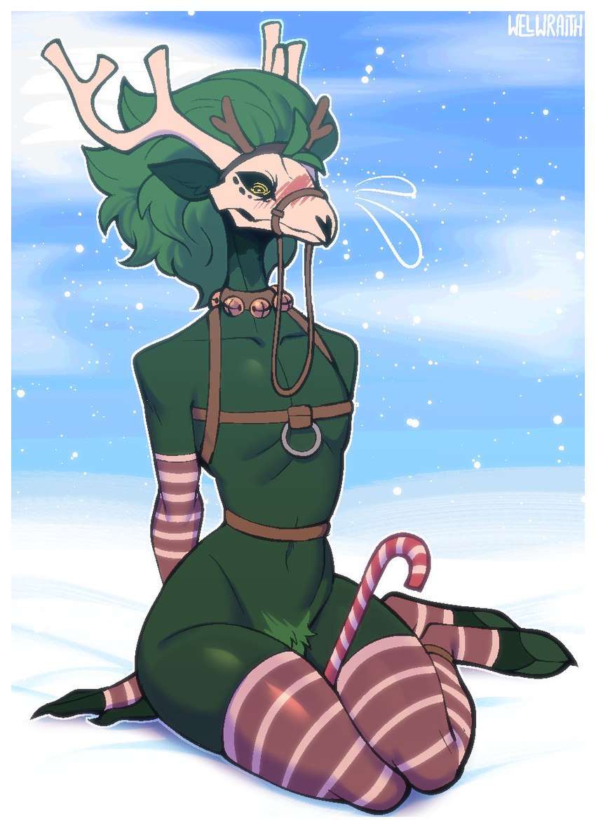 ambiguous_anthro ambiguous_gender anthro antlers armwear bell black_sclera blush bone border bridle candy candy_cane christmas_clothing clothing collarbone crotch_tuft dessert detailed_background elbow_gloves embarrassed fake_antlers fake_horns fingerless_gloves fingers food front_view gloves green_body green_ears green_hair green_pubes hair handwear harness holidays hooves horn jingle_bell legwear looking_down_at_self medium_hair mostly_nude mostly_nude_ambiguous mostly_nude_anthro mouth_closed navel outside pattern_armwear pattern_clothing pattern_elbow_gloves pattern_gloves pattern_handwear pattern_legwear pattern_thigh_highs pose pubes sitting skinny skinny_ambiguous skinny_anthro skull skull_head small_waist snow solo striped_armwear striped_clothing striped_elbow_gloves striped_gloves striped_handwear striped_legwear striped_thigh_highs stripes thigh_highs tuft white_antlers white_border white_face white_horn winter yellow_eyes yokozuwari conditional_dnp welwraith christmas scraper_city wicker_(welwraith) deer mammal 2024 artist_name digital_drawing_(artwork) digital_media_(artwork) full-length_portrait hi_res pinup portrait female_(lore)