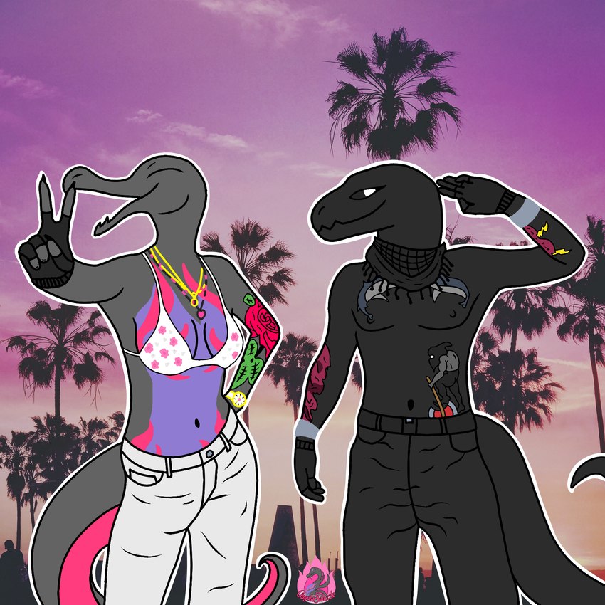 anthro beach breasts clothing costume duo female male pose tail angelasalazzle grand_theft_auto grand_theft_auto_v nintendo pokemon rockstar_games slayer_(theslay) generation_7_pokemon pokemon_(species) reptile salazzle scalie 1:1 digital_media_(artwork) hi_res