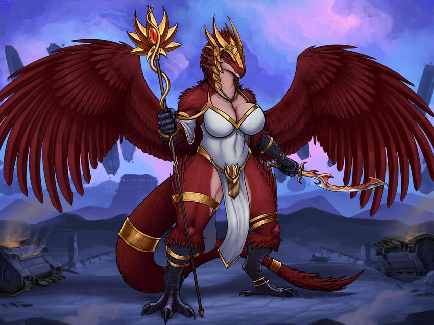 anthro big_breasts breasts clothing feathered_wings feathers female headdress jewelry khopesh melee_weapon non-mammal_breasts robe solo staff sword thick_thighs weapon wide_hips wings spacedragon14 warhammer_(franchise) warhammer_40000 fe'ra avian chaos_daemon daemon_of_tzeentch lord_of_change hi_res