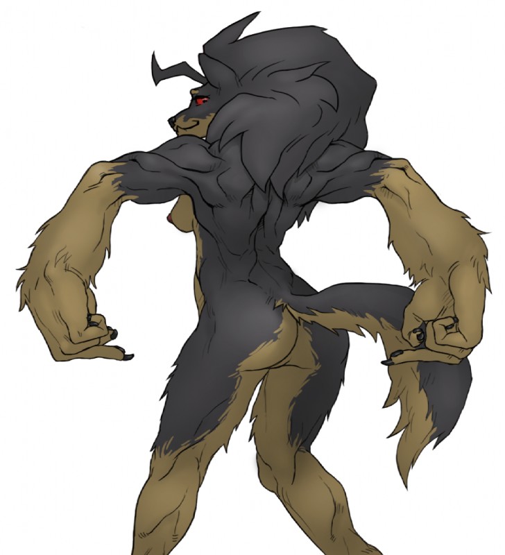 4_fingers anthro back_muscles barely_visible_genitalia barely_visible_pussy big_hair big_hands biped black_claws black_nose breasts brown_body brown_breasts brown_butt brown_face brown_fur brown_nipples brown_pussy brown_tail butt claws dark_claws dark_nipples dark_nose female fingers fur genitals gloves_(marking) grey_body grey_butt grey_ears grey_face grey_fur grey_hair grey_tail hair long_hair looking_at_viewer looking_back markings monotone_breasts monotone_hair multicolored_body multicolored_butt multicolored_face multicolored_fur multicolored_tail muscular muscular_anthro muscular_female nipples no_sclera nude pose pupils pussy rear_view red_eyes side_boob simple_background small_breasts snout solo spread_arms standing tail two_tone_body two_tone_butt two_tone_face two_tone_fur two_tone_tail white_background helioture garnet_(helioture) canid canine canis domestic_dog mammal 2012