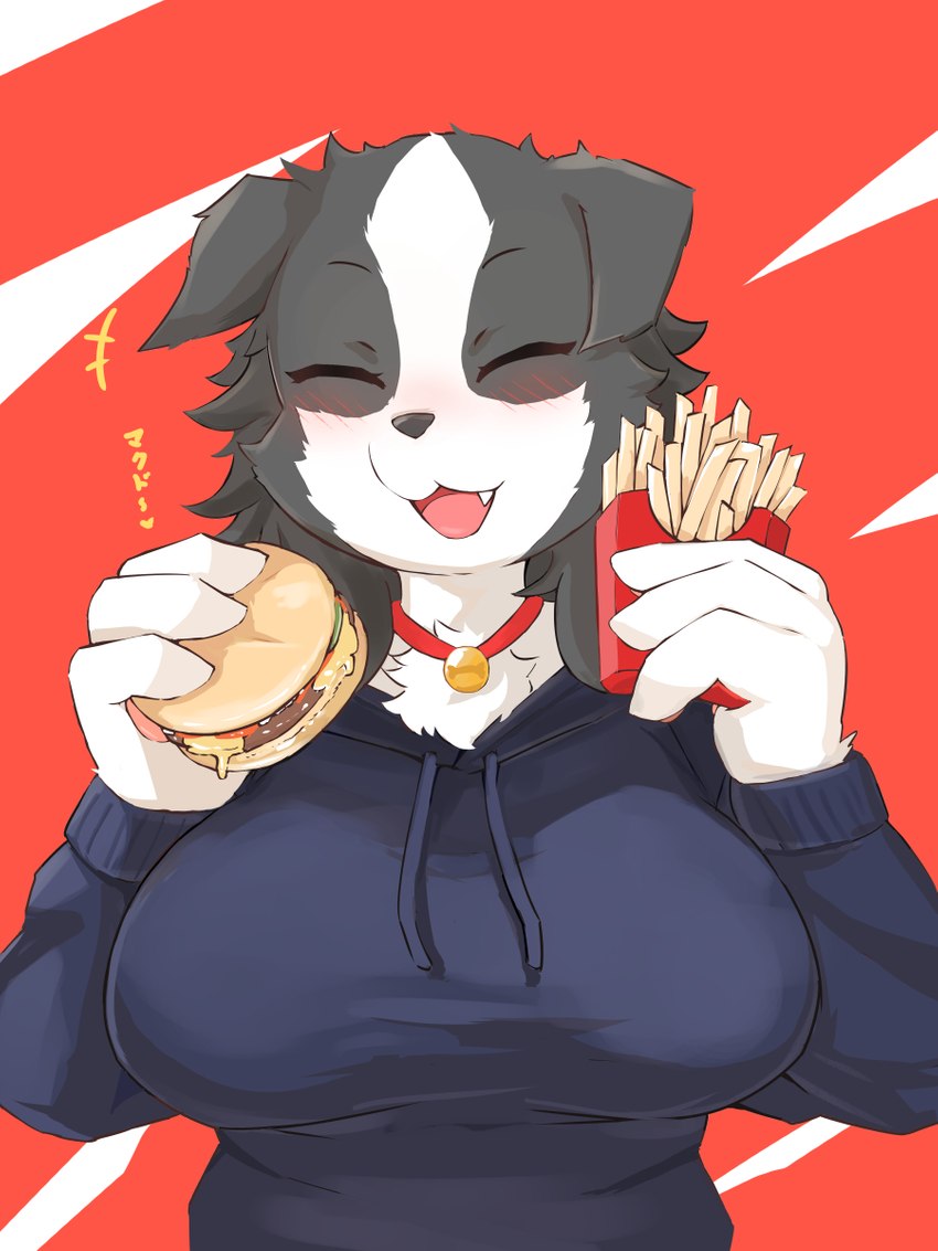 4_fingers anthro big_breasts black_body black_fur black_hair black_nose blush breasts burger cheese chest_tuft clothing collar cute_fangs dairy_products eyes_closed fangs female female_anthro fingers food fries fur hair happy heart_symbol holding_food holding_object hoodie kemono ketchup meat open_mouth open_smile pickle_(food) smile solo teeth text tight_clothing topwear tuft white_body white_fur takeshi_kemo mcdonald's bodako_(takeshi_kemo) border_collie canid canine canis collie domestic_dog herding_dog mammal pastoral_dog sheepdog 2021 3:4 digital_media_(artwork) half-length_portrait hi_res japanese_text portrait translated