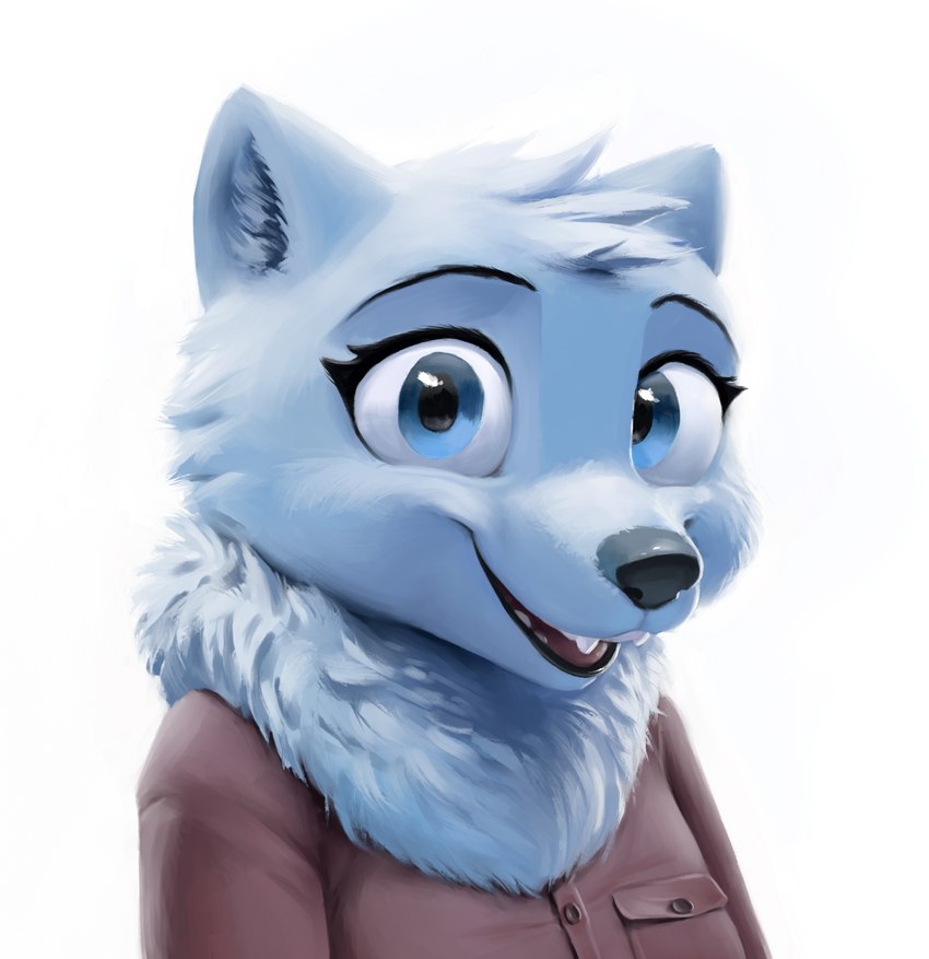 anthro black_nose blue_eyes clothed clothing female fluffy fur head_tuft open_mouth open_smile simple_background smile solo teeth tongue tuft white_background white_body white_fur s1m bella_(mamasally) arctic_fox canid canine fox mammal true_fox 2022 digital_media_(artwork) digital_painting_(artwork) hi_res