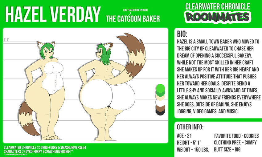 anthro big_butt breasts brown_body brown_fur butt chart color_swatch copyright_symbol female front_view fur green_eyes green_hair hair height_chart huge_butt logo looking_back nude raised_tail rear_view simple_background smile solo symbol tail tan_body tan_fur text thick_thighs white_body white_fur gyro-furry hazel_verday domestic_cat felid feline felis hybrid mammal procyonid raccoon 5:3 absurd_res english_text hi_res model_sheet