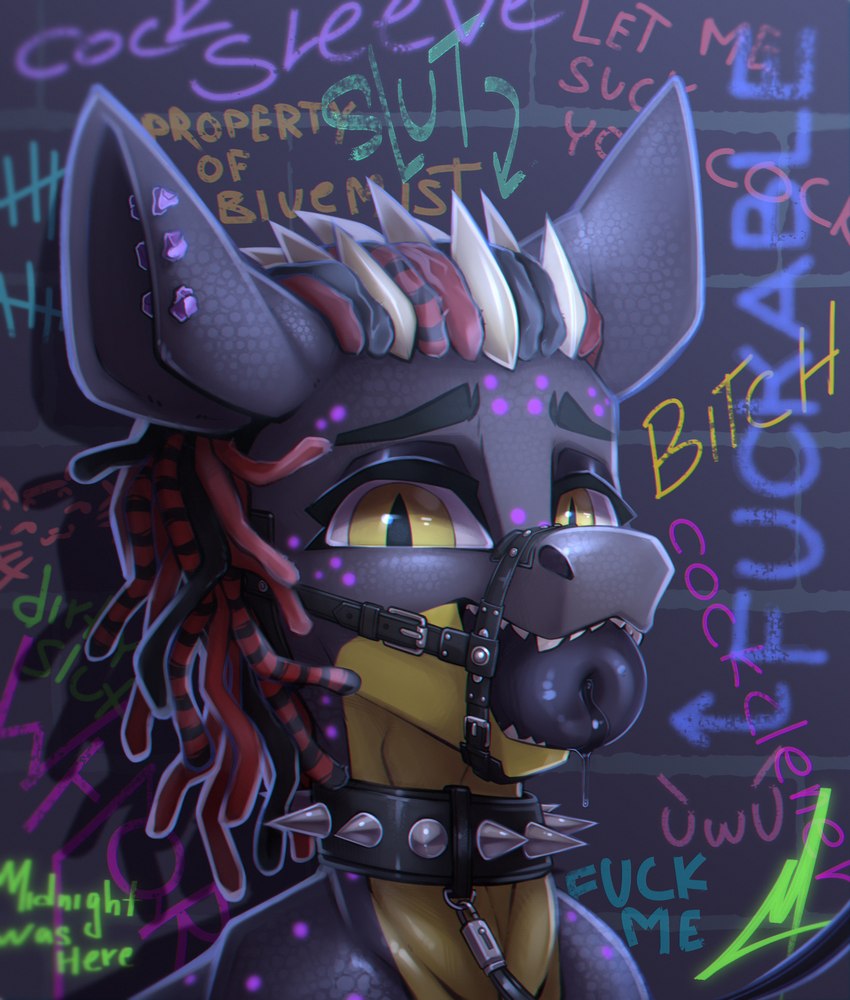 bdsm belt collar ear_piercing feral gag male piercing public_use solo spiked_collar spikes midnightflight dragon_pony hybrid absurd_res hi_res