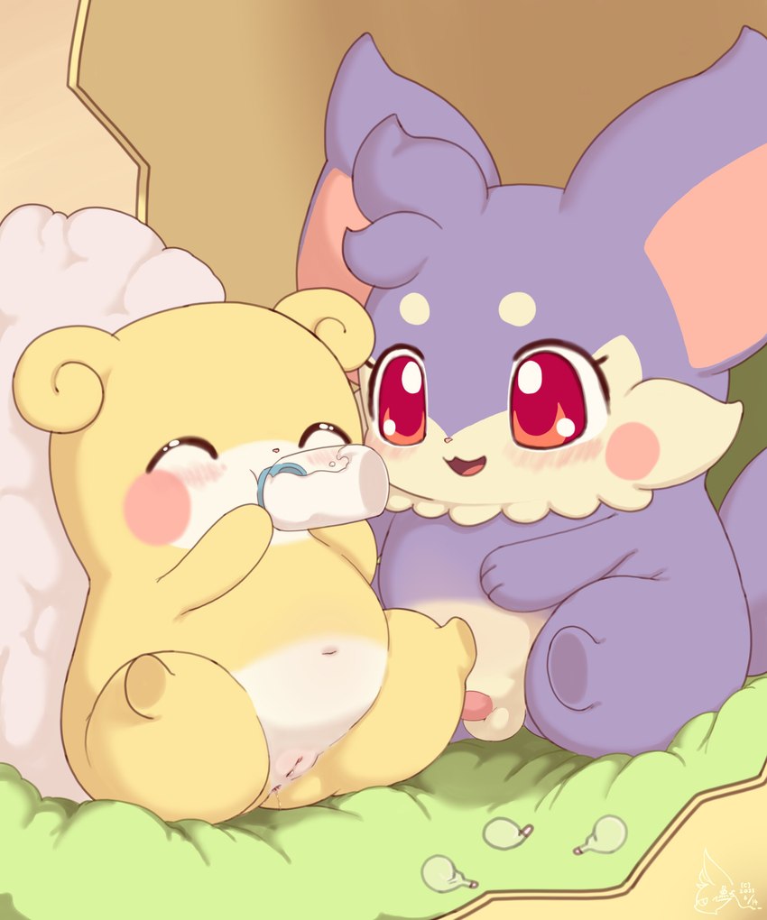 anus balls bottle chibi container duo female feral fur genitals male male/female milk penis purple_body purple_fur pussy sitting white_body white_fur yellow_body yellow_fur young young_female young_feral young_male sake_kemosalmon himitsu_no_cocotama nikori_(cocotama) renji_(cocotama) cocotama 5:6 absurd_res hi_res