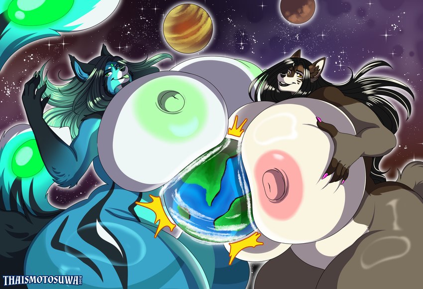 anthro big_breasts big_butt breast_grab breast_size_difference breast_squish breasts butt cosmic_background duo earth female female/female galaxy genitals hand_on_breast huge_breasts huge_butt hyper hyper_breasts hyper_butt hyper_genitalia macro nipple_dip nipples planet squish star conditional_dnp thaismotosuwa alst canid canine canis deity hybrid mammal mexican_wolf wolf 2024 absurd_res hi_res