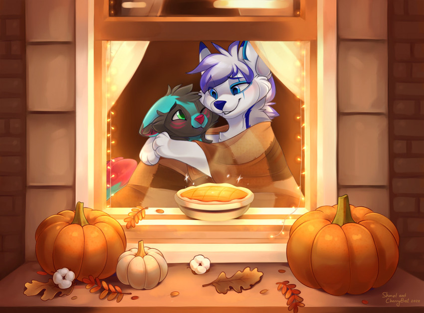 ambiguous_gender anthro bedding black_body black_fur blanket blue_eyes dessert duo feral food fruit fur hug pastry pie plant pumpkin smile window yana-r canid canine canis fox mammal wolf 2020 digital_media_(artwork)