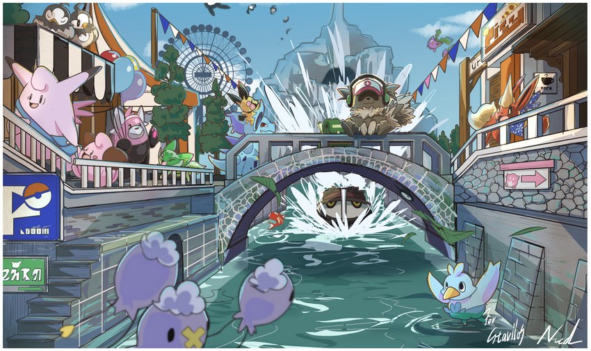 ambiguous_gender amusement_ride anthro bag balloon boat border building clothing cloud electronics fair feral ferris_wheel group headgear headphones headwear inflatable kerchief mountain oblivious park sign splash splashing_water text vehicle water watercraft white_border ni_cd0173 nintendo pokemon sivera_(zigzagoon) bewear chansey clefable cleffa drifloon ducklett eeveelution flareon generation_1_pokemon generation_2_pokemon generation_3_pokemon generation_4_pokemon generation_5_pokemon generation_7_pokemon generation_9_pokemon hoppip magikarp nidorina pichu pikachu pokemon_(species) species_request sprigatito starly unknown_unown_form unown_(pokemon) zigzagoon 2023 absurd_res english_text hi_res