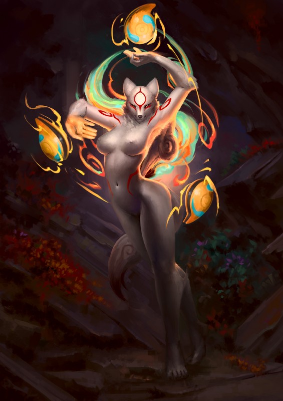 anthro black_sclera breasts facial_markings feet female head_markings humanoid_feet looking_at_viewer markings navel nipples nude plantigrade solo eosphorite capcom clover_studio okami_(capcom) amaterasu_(okami) canid canine canis deity mammal wolf 2016 hi_res