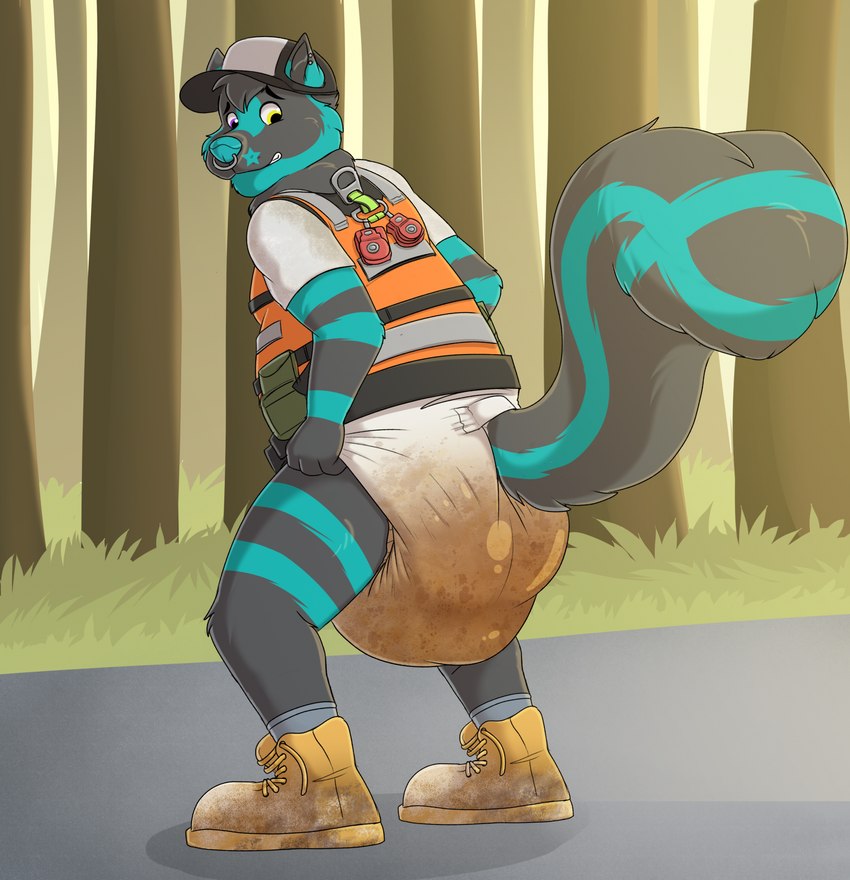 anthro clothed clothing diaper diaper_fetish feces full_diaper fur hair male messy_diaper soiled soiled_diaper soiling solo tail unclean_diaper used_diaper wearing_diaper baltnwolf_(artist) kar mammal mephitid skunk hi_res