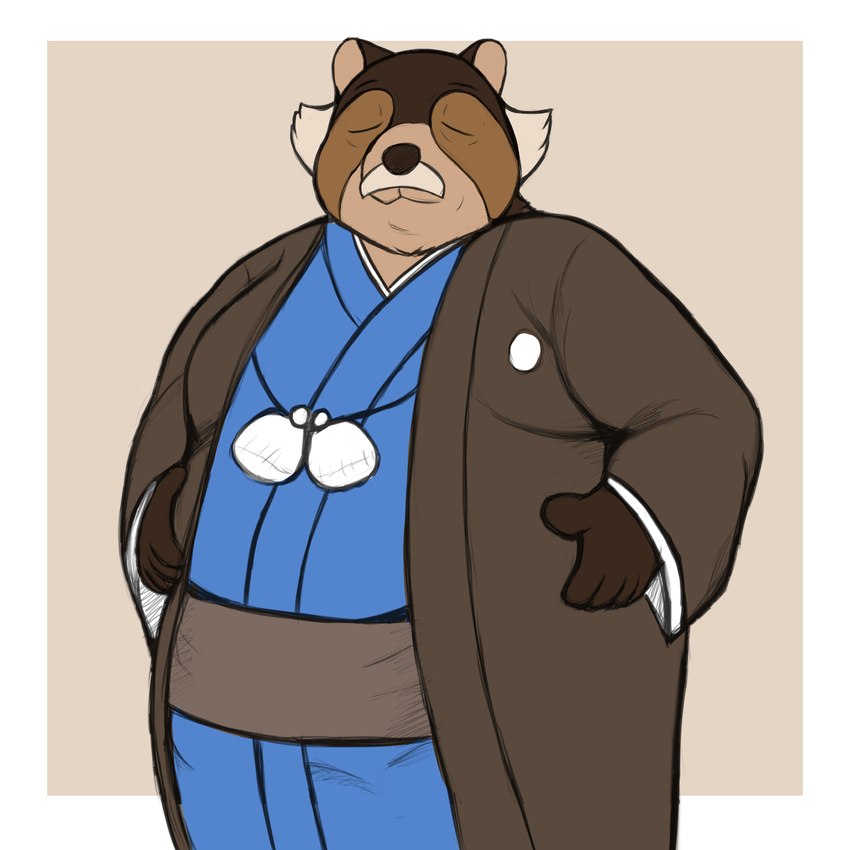 anthro anthrofied clothed clothing eyes_closed facial_hair fur grey_hair hair male multicolored_body multicolored_fur mustache overweight overweight_anthro overweight_male solo smush-sin ace_attorney capcom ernest_amano canid canine mammal raccoon_dog tanuki 1:1 2024 colored digital_drawing_(artwork) digital_media_(artwork) hi_res