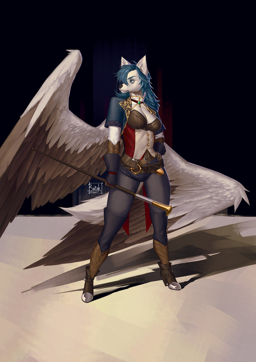 anthro black_nose blue_hair boots bottomwear breasts clothing feathered_wings feathers female footwear gloves hair hand_on_hip handwear high_heeled_boots high_heels holding_object holding_staff pants shoes simple_background snout solo staff standing white_body wings botak arisu_kagawa canid canine canis mammal wolf 2019 hi_res