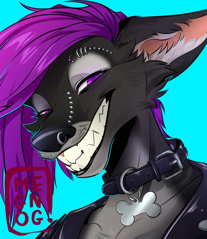 anthro black_body black_fur bridge_piercing clothing collar eyebrow_piercing facial_piercing fangs fur grin hair jacket leather leather_clothing leather_jacket leather_topwear narrowed_eyes nose_piercing piercing purple_eyes purple_hair smile smiling_at_viewer solo teeth topwear whiskers megnog koon_roogus black-backed_jackal canid canine canis jackal mammal 2022 absurd_res bust_portrait hi_res icon portrait