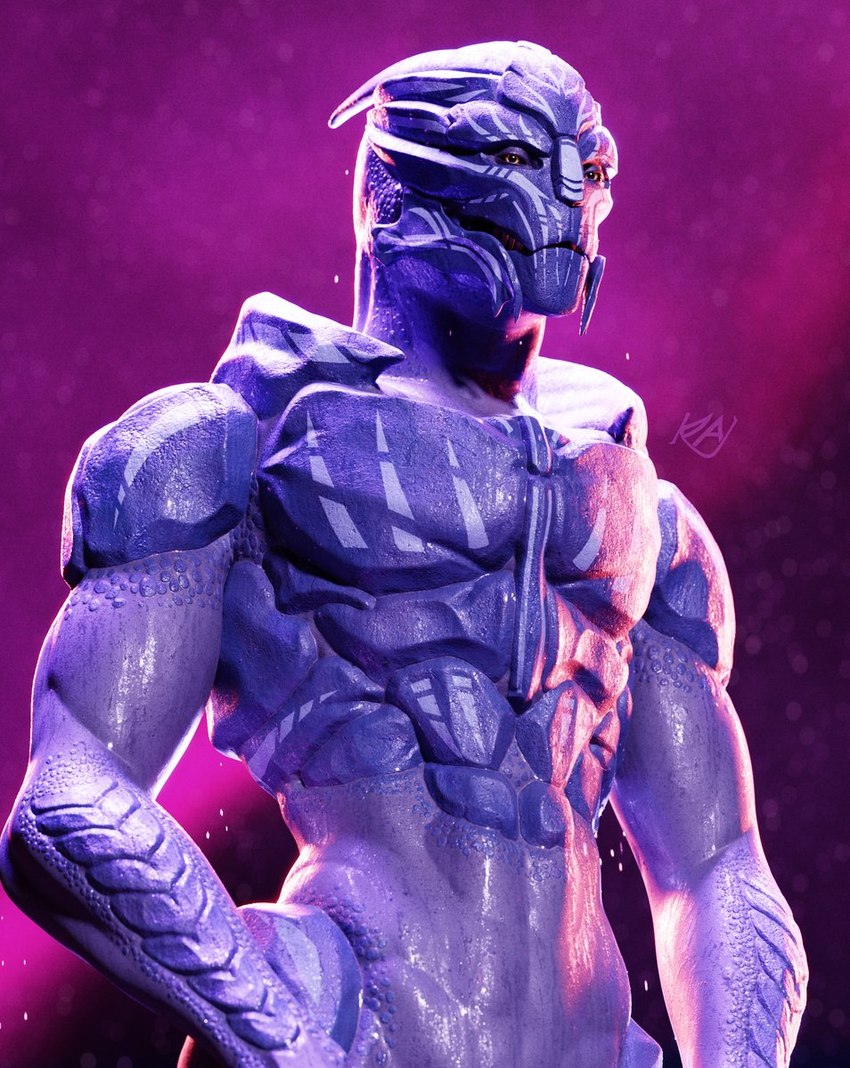 bodypaint face_paint male muscular muscular_male nude solo standing water wet yellow_eyes kagekave bioware electronic_arts mass_effect alien turian