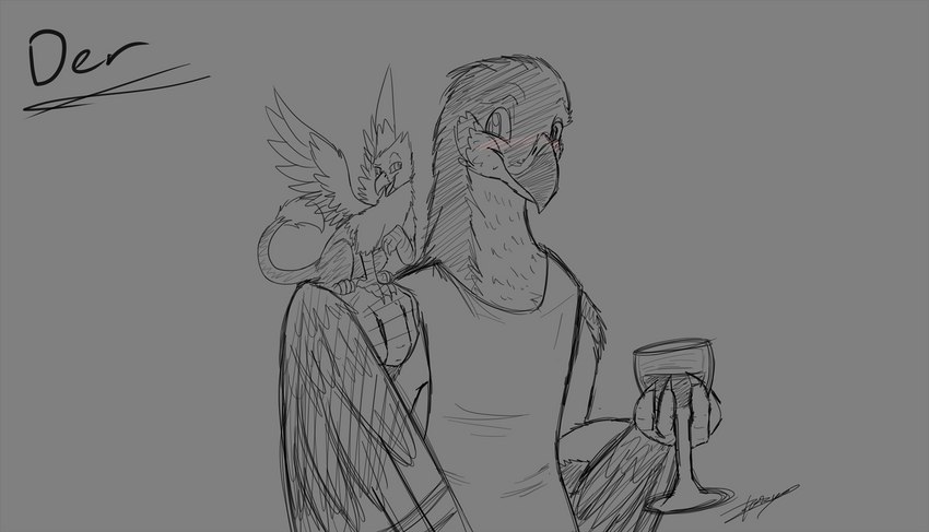 anthro avian_feet beak container cup drinking_glass duo feathered_wings feathers feral glass glass_container glass_cup male micro size_difference tail tail_tuft tuft wine_glass winged_arms wings xeirla mythology der lief_woodcock accipiter accipitrid accipitriform avian bird eurasian_sparrowhawk gryphon mythological_avian mythological_creature true_hawk hi_res