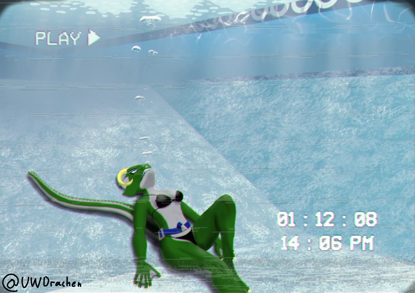 anthro aquaphilia bikini bubble clothing diving female holding_breath horn marine_kobold membrane_(anatomy) solo swimming_pool swimwear tail tape two-piece_swimsuit underwater vhs_filter water webbed_hands uwdrachen mythology cynthia_deathmaid animal_humanoid dragon humanoid kobold lizard mythological_creature mythological_scalie reptile scalie scalie_humanoid absurd_res hi_res