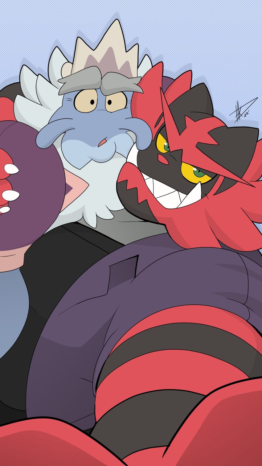 anthro beard blue_body clothing crown duo eyebrows facial_hair fur green_eyes grin headgear looking_at_viewer male red_body red_fur royalty selfie shirt simple_background smile teeth topwear hikazedragon amphibia_(series) disney nintendo pokemon king_andrias_leviathan amphibian generation_7_pokemon incineroar pokemon_(species) salamander 9:16 absurd_res crossover hi_res