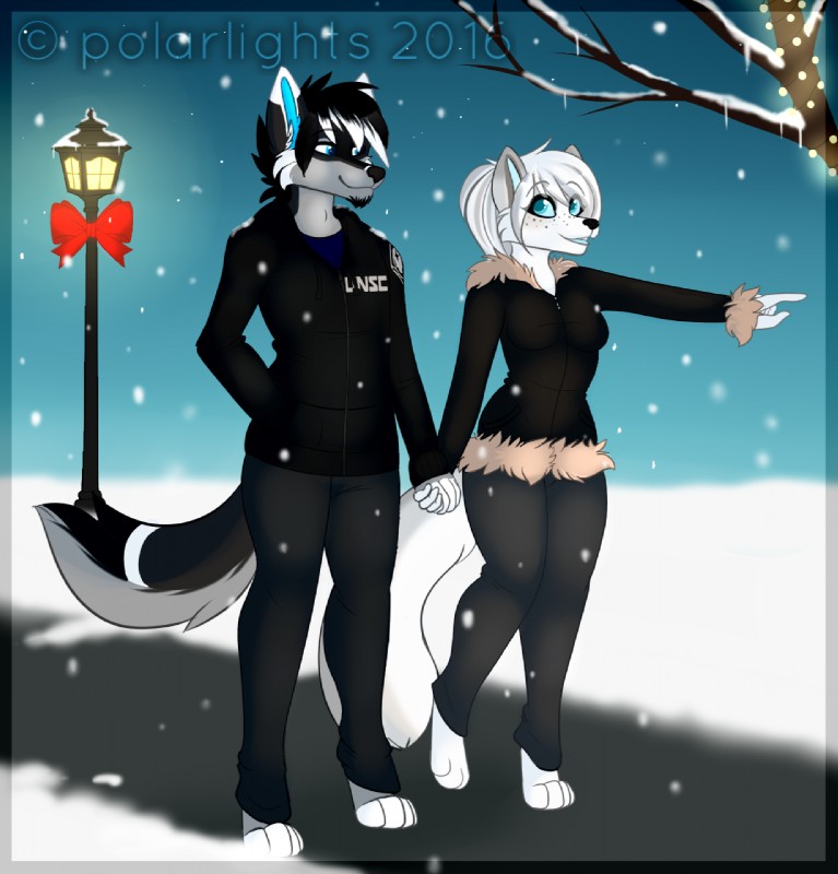 anthro barefoot clothed clothing duo facial_hair feet female fur goatee hair hand_holding male male/female outside smile snow standing northfelle jared_(augmented_fear) tundra_(polarlights) canid canine canis fox mammal wolf hi_res