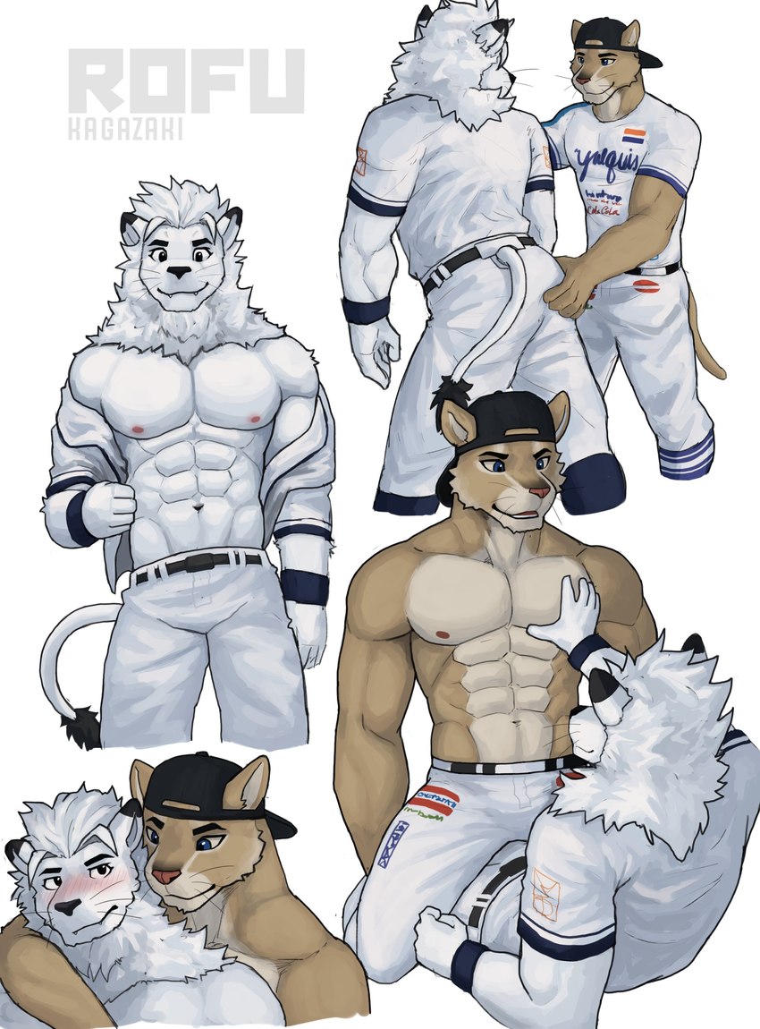 anthro backwards_baseball_cap backwards_cap backwards_hat barazoku baseball_cap baseball_uniform blush butt butt_grab clothed clothing countershading duo fur hand_on_butt hand_on_chest hat headgear headwear interspecies male male/male mascot muscular muscular_anthro muscular_male navel nipples open_mouth pec_grab pecs solo sportswear teeth tongue topless topless_anthro topless_male uniform whiskers white_body white_fur rofu_kagazaki mexican_pacific_league nippon_professional_baseball saitama_seibu_lions yaquis_de_obregon leo_(saitama_seibu_lions) yaco_puma cougar felid feline mammal 2022 absurd_res artist_name hi_res multiple_images