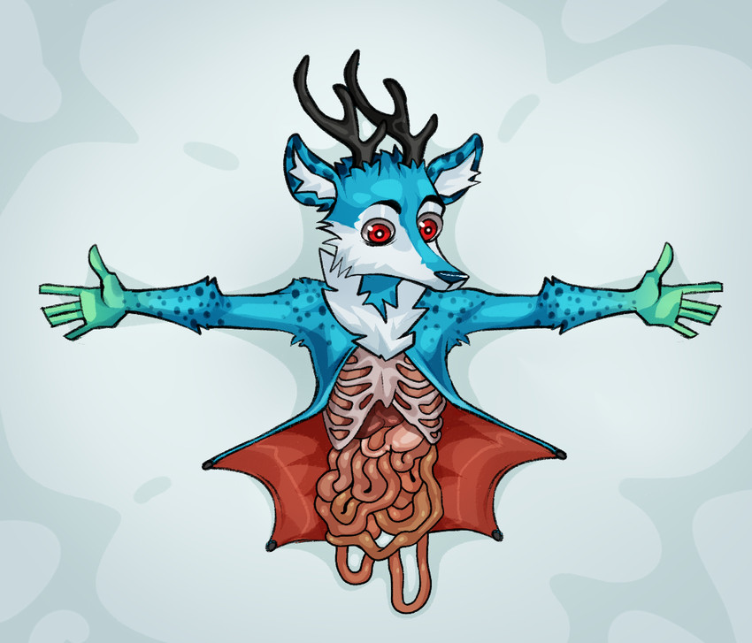 anthro blue_body corpse death dots freckles front_view gore green_hands horn male nightmare_fuel organs red_eyes ribs snow solo vivisection kolkolukija kiba_(kibanashote) deer mammal digital_media_(artwork) half-length_portrait portrait