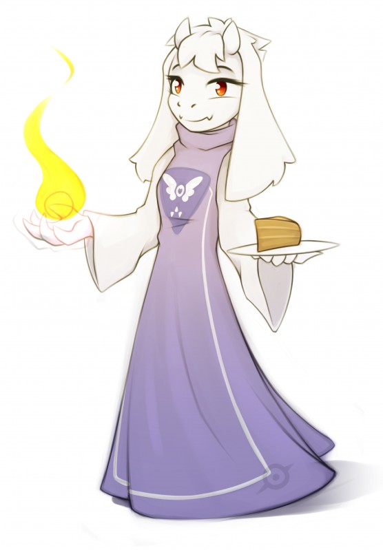 anthro cake clothed clothing dessert fangs female fingers fire food fur horn long_ears red_eyes simple_background smile solo standing teeth white_background white_body white_fur queenbloodysky undertale undertale_(series) toriel boss_monster_(undertale) bovid caprine mammal absurd_res hi_res