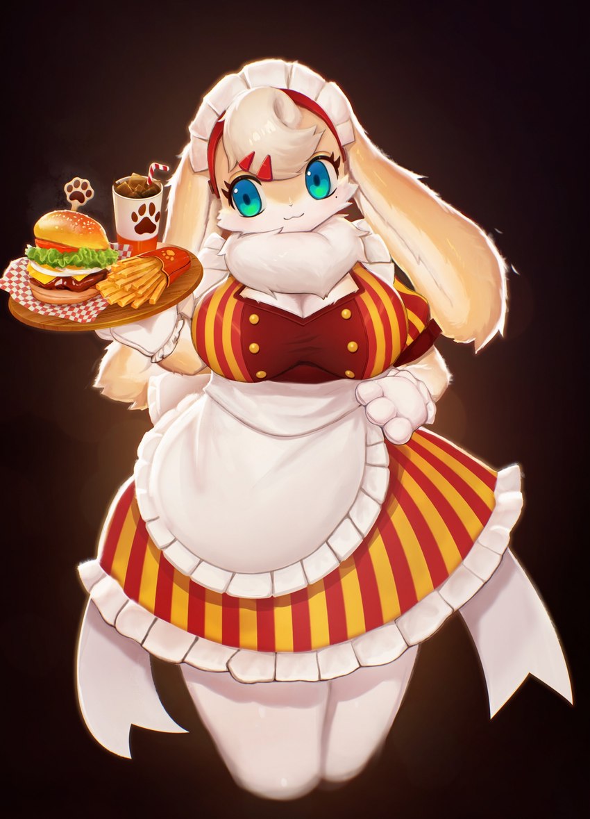 accessory anthro apron backlighting beverage big_breasts biped black_background bloom blue_eyes breasts burger clothed clothing container cup dress eyelashes female female_anthro floppy_ears food fries gloves hair hair_accessory handwear kemono light lop_ears maid_headdress mole_under_eye pattern_clothing pattern_dress simple_background soda solo striped_clothing striped_dress stripes tray waiter white_hair soda_uyu lagomorph leporid mammal rabbit absurd_res digital_media_(artwork) hi_res lighting