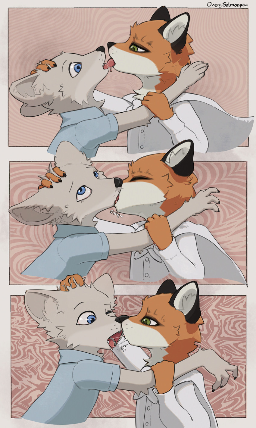 3_panel_comic 5_fingers abstract_background adolescent adolescent_anthro adolescent_on_adolescent anthro anthro_on_anthro arm_grab arm_tuft black_claws black_ears black_eyebrows black_nose black_text blue_clothing blue_eyes blue_shirt blue_topwear bodily_fluids border cape cardigan cheek_tuft chu_(sound_effect) claws clothed clothed_anthro clothed_male clothing collared_shirt countershade_face countershade_fur countershade_neck countershading deep_kiss dominant dominant_male dress_shirt dripping dripping_text drooling duo elbow_tuft eye_contact eyebrows eyeliner eyes_closed facial_tuft fangs finger_claws fingers french_kissing fur fur_tuft green_eyes grey_body grey_fur grey_inner_ear grey_inner_ear_fluff grey_tuft head_grab head_tuft humanoid_hands inner_ear_fluff iris kissing leucistic looking_at_another looking_at_partner makeshift_clothing makeup male male/male male_adolescent male_anthro male_dominating_male mascara monotone_body monotone_fur multicolored_body multicolored_fur nose_to_nose one_eye_closed onomatopoeia orange_body orange_fur outside_border pink_tongue psychedelic_background pupils saliva saliva_drip shirt side_view slim slim_anthro slim_male snout sound_effects spitting spitting_in_mouth tan_body tan_fur tears teeth text tongue tongue_out topwear towel tuft tuft_grab white_body white_border white_cape white_clothing white_countershading white_fur white_inner_ear white_sclera white_text young young_anthro young_male young_on_young conditional_dnp orenjisalmonpaw fantastic_mr._fox ash_fox_(fantastic_mr._fox) kristofferson_silverfox canid canine fox mammal red_fox true_fox artist_name comic hi_res shaded cousins_(lore) incest_(lore)