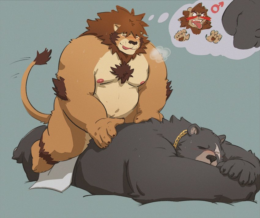 anthro backrub belly brown_body brown_fur duo eyes_closed facial_scar fantasizing fur jewelry male male/male massage missing_eye moobs navel necklace nipples nude overweight scar straddling towel 6suan mihoyo zenless_zone_zero ben_bigger ross_(rossciaco) bear felid lion mammal pantherine 2024 hi_res