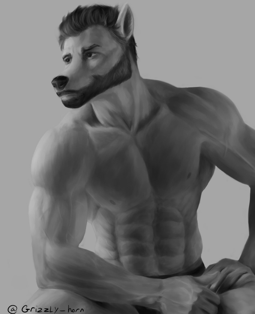 abs anthro beard biceps clothing facial_hair male muscular muscular_male pecs pose solo underwear grizzlyhorn_(artist) chad_(meme) gigachad canid canine mammal 2022 black_and_white hi_res meme monochrome