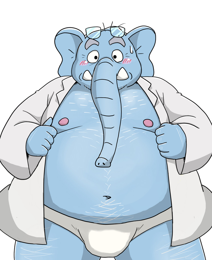 anthro belly blue_body blush bulge clothing eyewear glasses humanoid_hands male moobs navel nipples overweight overweight_anthro overweight_male simple_background solo tusks underwear white_background bullbluedog elephant elephantid mammal proboscidean 2019 absurd_res hi_res