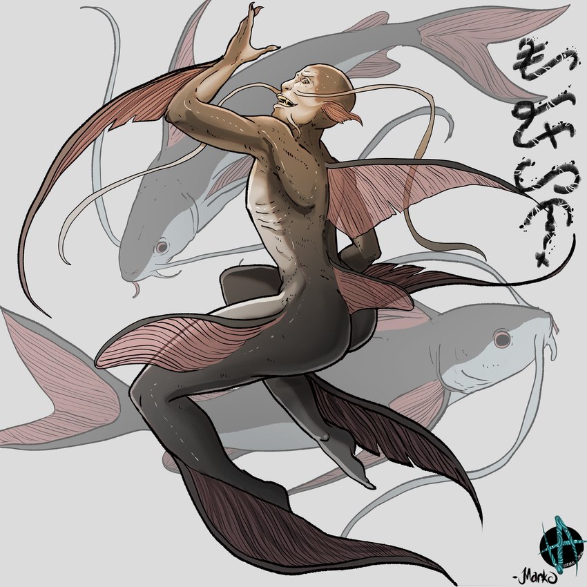 ambiguous_feral ambiguous_gender arm_fins bald barbel_(anatomy) bent_arm bent_legs biped black_mouth black_text butt cheek_fins claws countershade_arms countershade_face countershade_legs countershade_neck countershade_skin countershade_torso countershading dorsal_fin fangs feral fin finger_claws fingers glistening glistening_body glistening_skin grey_background grey_body grey_skin group humanoid_focus leg_fins logo long_fins looking_at_viewer male male_focus male_humanoid nude nude_humanoid nude_male open_mouth pose pupils rear_view ribs shoulder_blades simple_background solo_focus teeth text three-quarter_view translucent_fin trio white_body white_countershading yellow_eyes markoriginals mermay mermay_2023 ariid_catfish catfish fish humanoid marine roughback_sea_catfish 1:1 2023 absurd_res artist_logo artist_name baybayin_text colored digital_drawing_(artwork) digital_media_(artwork) hi_res pinup shaded signature