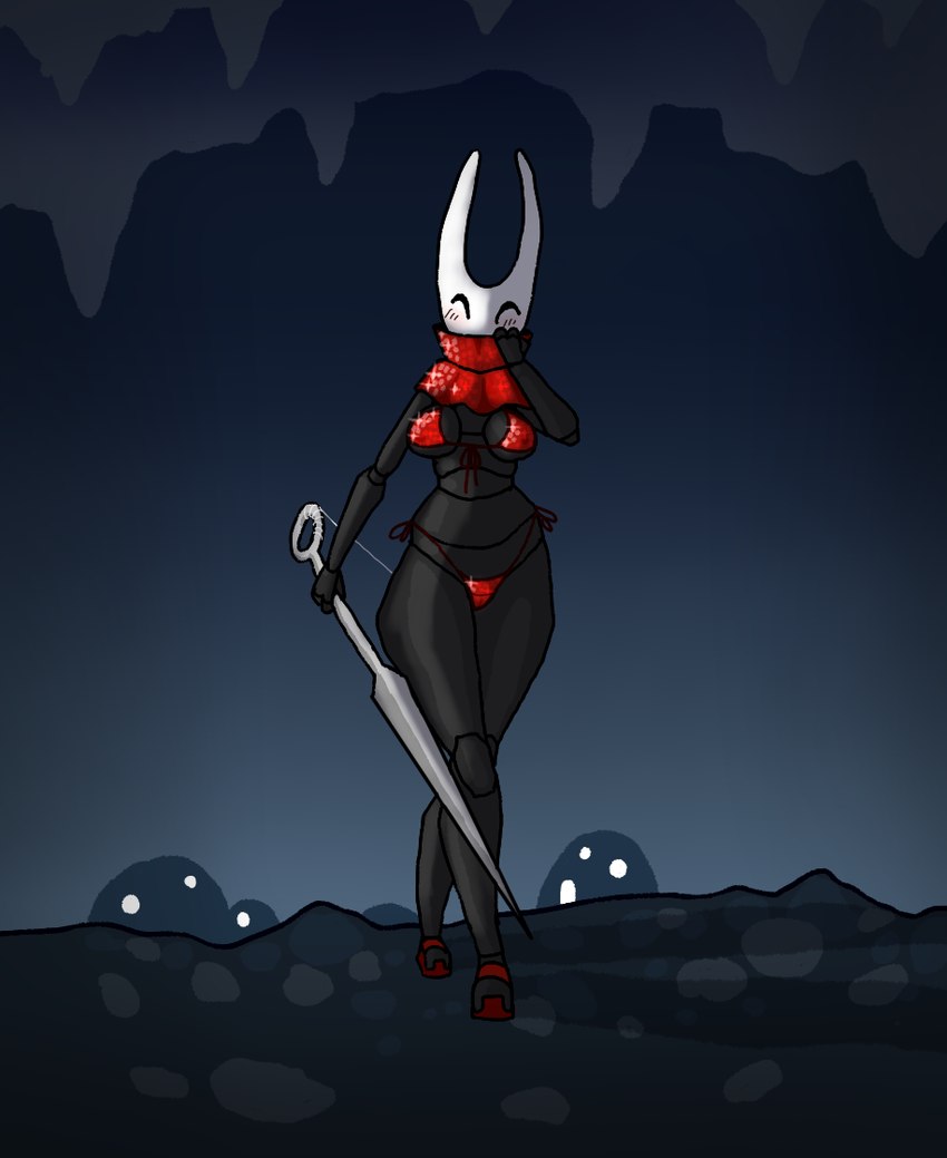 2_horns blush blush_lines cave clothed clothing eyes_closed female fingers footwear holding_melee_weapon holding_object holding_sword holding_weapon horn looking_at_viewer melee_weapon nail_(weapon) silk simple_background solo standing sword underwear weapon squablodecomplash hollow_knight team_cherry hornet_(hollow_knight) arthropod 2023 digital_media_(artwork)