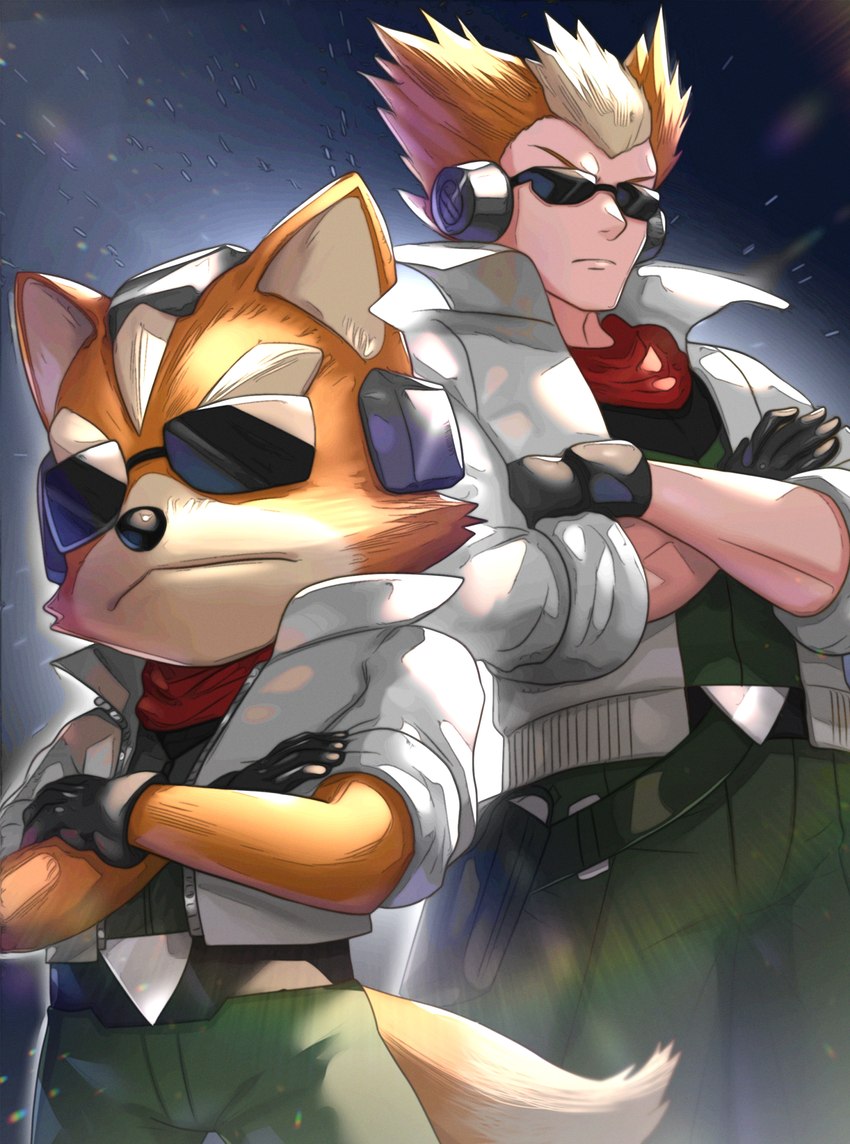 alternate_species anthro belt clothing crossed_arms dipstick_tail duo eyewear fur gloves handwear humanized jacket male markings multicolored_tail scarf square_crossover sunglasses tail tail_markings topwear gonzarez1938 f-zero nintendo star_fox james_mccloud canid canine fox human mammal 2021 absurd_res crossover hi_res