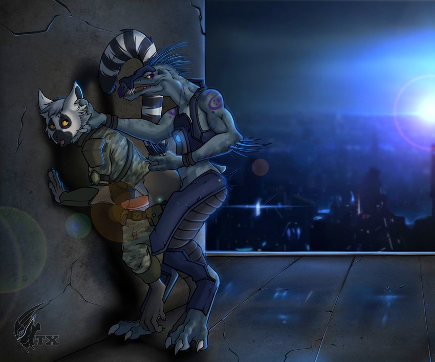 3_fingers 3_toes 5_fingers 5_toes against_surface against_wall anal anal_penetration anthro anthro_on_anthro anthro_penetrated anthro_penetrating anthro_penetrating_anthro armor beak belt blue_spines body_armor bodyguard_position bottomwear bottomwear_down city city_background claws clothed clothed_sex clothing cuisse digitigrade duo elbow_spines erection face_shield fangs feet finger_claws fingers from_behind_position fur genitals glans grey_body grey_hair grey_skin hair head_crest head_grab humanoid_genitalia humanoid_penis lens_flare long_tail looking_at_another looking_at_partner looking_back looking_back_at_another looking_back_at_partner looking_down_at_partner looking_forward looking_pleasured male male/male male_penetrated male_penetrating male_penetrating_male markings mask motion_lines night open_mouth pants pants_down partially_clothed penetration penis pink_penis pupils purple_sclera raised_leg sex shirt short_tail slit_pupils spines standing standing_sex striped_markings striped_tail stripes tail tail_grab tail_markings teeth toe_claws toes topwear vambrace white_body white_fur wristband xenophilia yellow_eyes neonyx halo_(series) microsoft xbox_game_studios alien avian humanoid kig-yar lemur mammal primate ring-tailed_lemur ruuhtian_(kig-yar) scalie strepsirrhine 2020 colored digital_media_(artwork) hi_res shaded signature