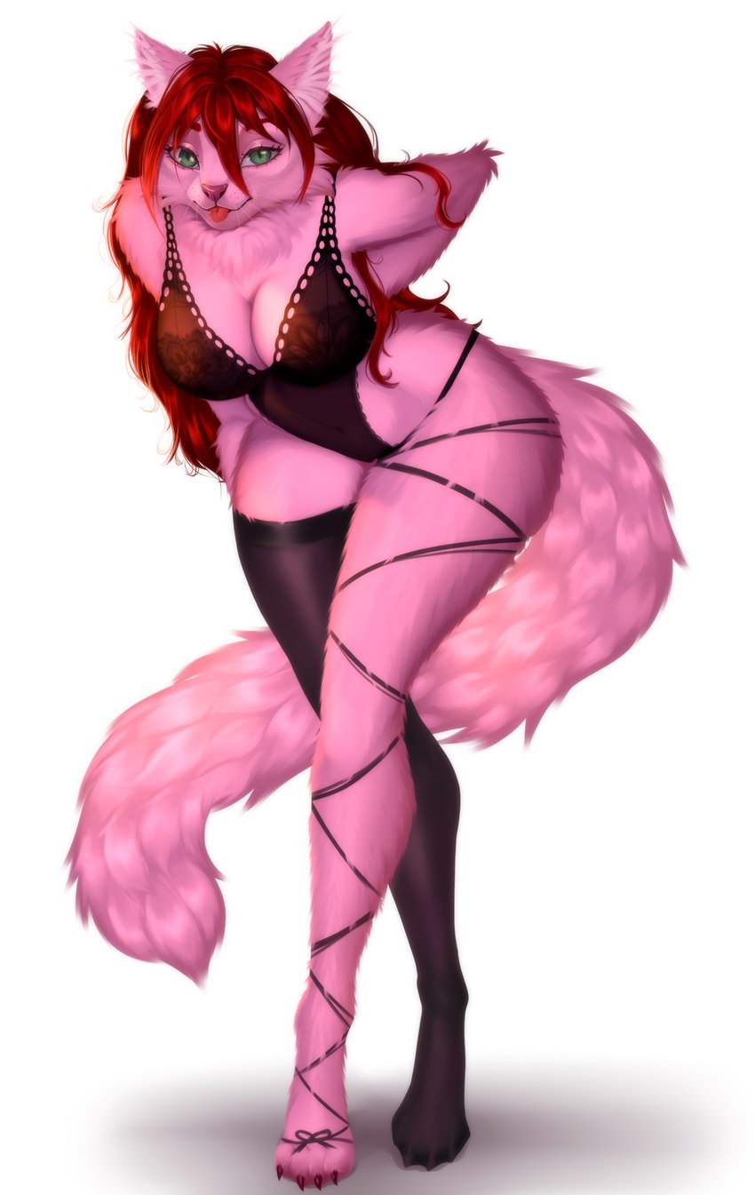 anthro clothing female green_eyes hair lingerie pink_hair solo tongue tongue_out moirah domestic_cat felid feline felis mammal 2022 absurd_res hi_res