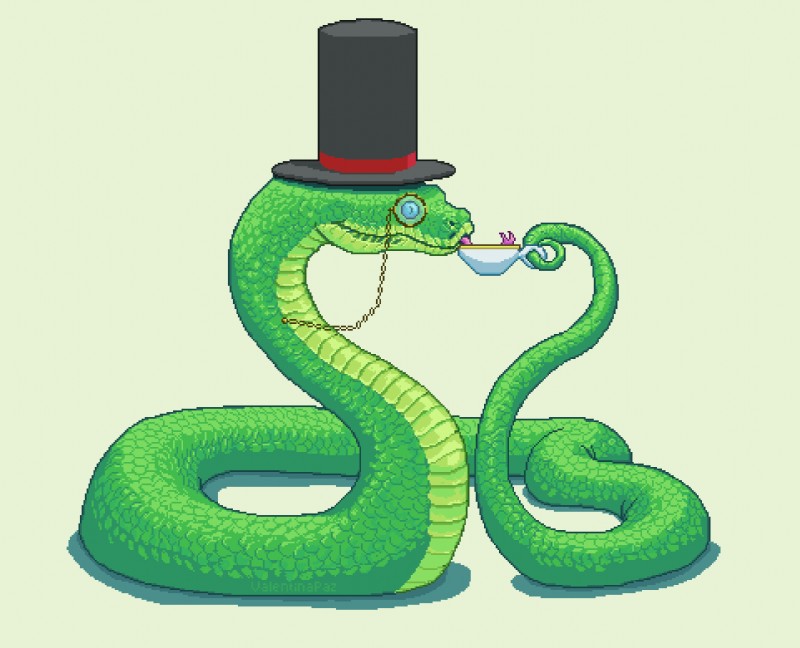 ambiguous_gender beverage clothing drinking eyewear feral green_body green_scales hat headgear headwear holding_object monocle mostly_nude scales side_view simple_background solo tea text tongue tongue_out top_hat valentinapaz reptile scalie snake 2019 digital_media_(artwork) pixel_(artwork) signature