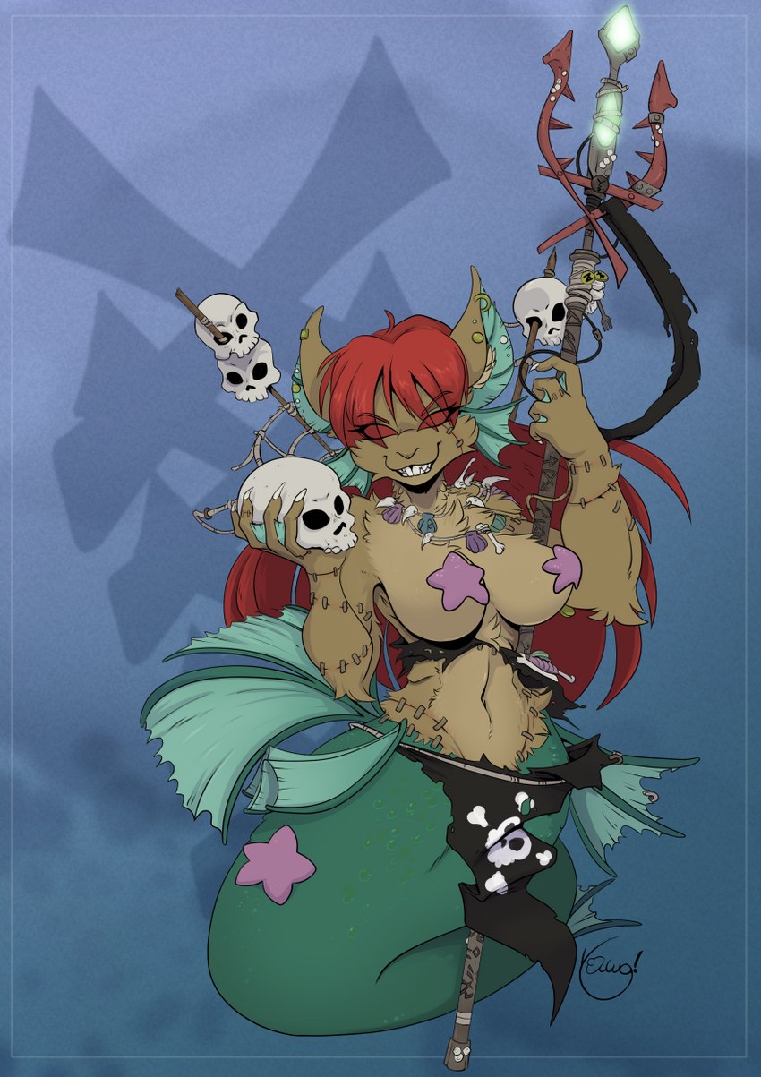 anthro blue_background bone breasts brown_body brown_fur ear_piercing ear_ring evil_grin female flag frill_(anatomy) fur green_body green_scales hair holding_skull improvised_clothing jewelry long_hair looking_at_viewer medium_breasts melee_weapon mermaid_tail multicolored_body necklace pasties piercing polearm red_eyes red_hair ring_piercing scales simple_background skull skull_head smile split_form stitch_(sewing) trident two_tone_body weapon yawg warhammer_(franchise) ambient_sealife ambient_starfish asterozoan echinoderm mammal marine merfolk rodent skaven 2023 hi_res