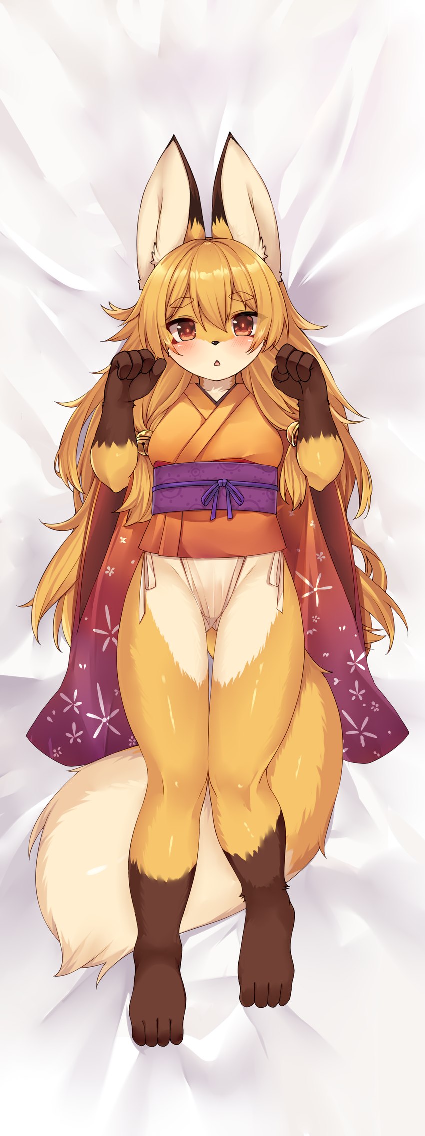 4_fingers accessory adolescent anthro asian_clothing bed_sheet bedding bell big_ears black_nose breasts brown_body brown_fur chestnut_mouth clothing dipstick_tail east_asian_clothing eyebrows female fingers fur hair hair_accessory japanese_clothing kemono kimono leg_markings long_hair lying markings obi on_back open_mouth orange_body orange_fur orange_hair pointy_ears pounce_pose prick_ears red_eyes socks_(marking) solo tail tail_markings tan_body tan_fur thick_eyebrows underwear young kida_kuro_mu koko_(kishibe) canid canine fox mammal absurd_res hi_res