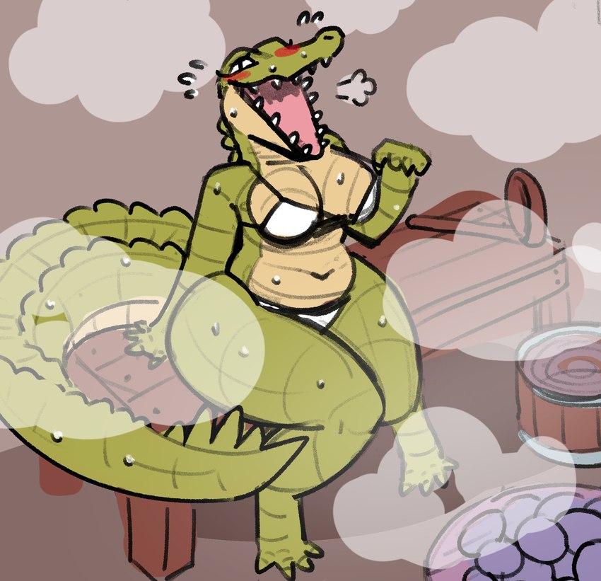 anthro bench bikini blush bodily_fluids breasts clothed clothing female green_body green_scales inside non-mammal_breasts on_bench open_mouth sauna scales sharp_teeth sitting slightly_chubby solo steam sweat swimwear tail teeth thick_tail thick_thighs two-piece_swimsuit wide_hips dubindore boobindore_(dubindore) alligator alligatorid crocodilian reptile scalie hi_res