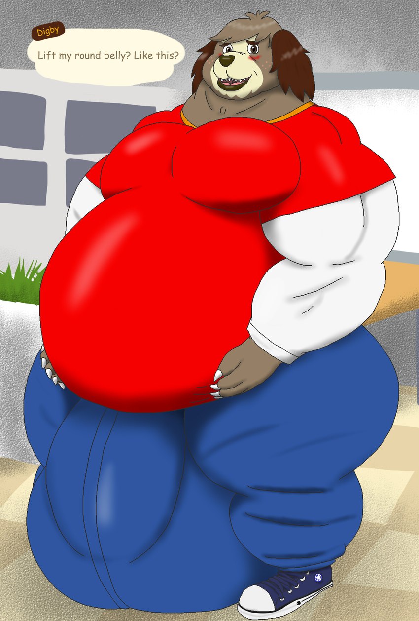 anthro balls_outline belly big_belly big_bulge big_muscles bulge detailed_bulge genital_outline huge_belly huge_bulge huge_hips huge_muscles hyper hyper_bulge lifting_belly male musclegut muscular obese obese_male overweight overweight_male solo text wide_hips alythewolfcat animal_crossing nintendo digby_(animal_crossing) canid canine canis domestic_dog mammal shih_tzu toy_dog english_text hi_res