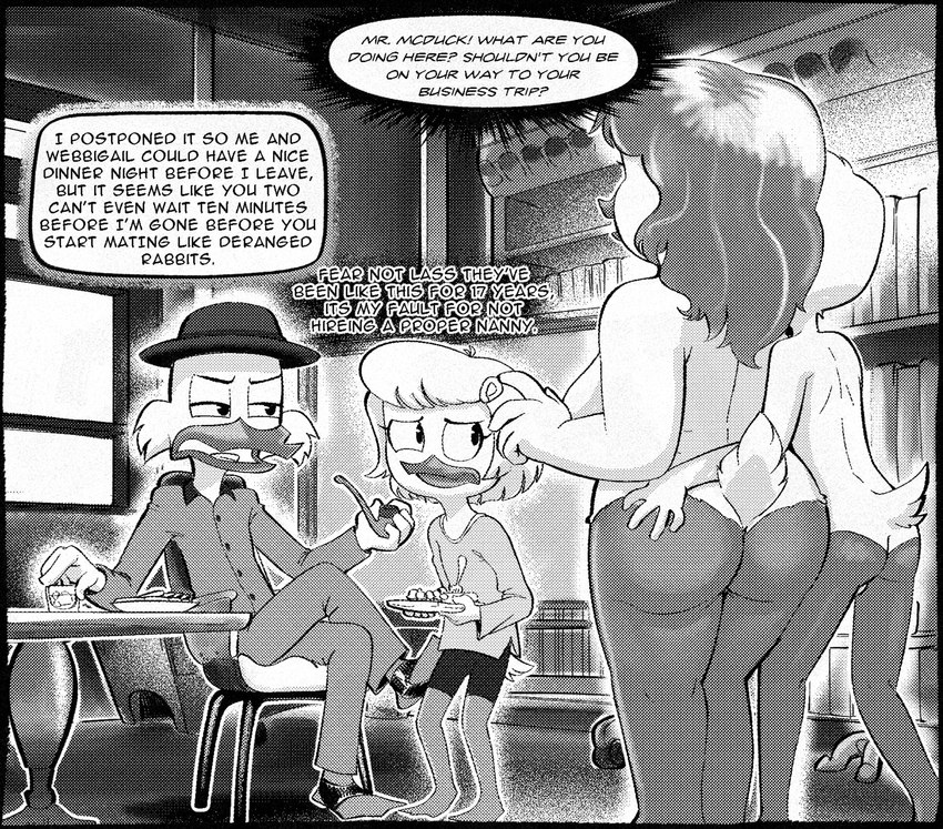 annoyed anthro balls barely_visible_balls barely_visible_genitalia breasts butt female food genitals group hand_on_butt inside male nude shocked side_boob speech_bubble text uncomfortable drockdraw disney ducktales ducktales_(2017) bentina_beakley donald_duck scrooge_mcduck webby_vanderquack anatid anseriform avian bird duck hi_res monochrome