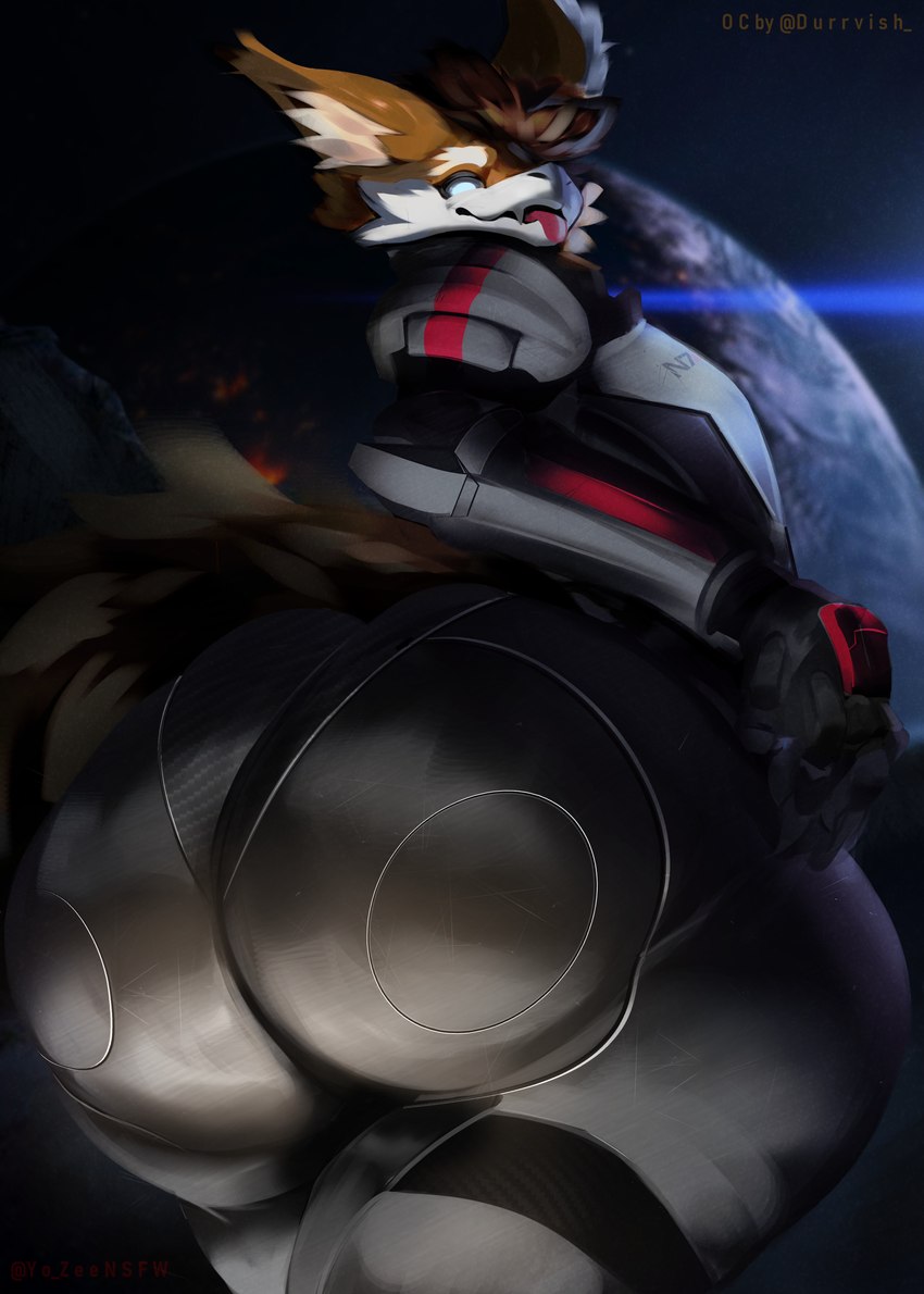 anthro big_butt blue_eyes butt butt_focus clothing fur hair hand_on_butt huge_butt looking_at_viewer looking_back looking_down male multicolored_body open_mouth orange_body orange_fur presenting presenting_hindquarters rear_view simple_background skinsuit smile solo space spacesuit tail thick_thighs tight_clothing tongue tongue_out two_tone_body white_body white_fur wide_hips yo_zee bioware electronic_arts mass_effect durrvish mammal novabeast unknown_species absurd_res digital_media_(artwork) hi_res