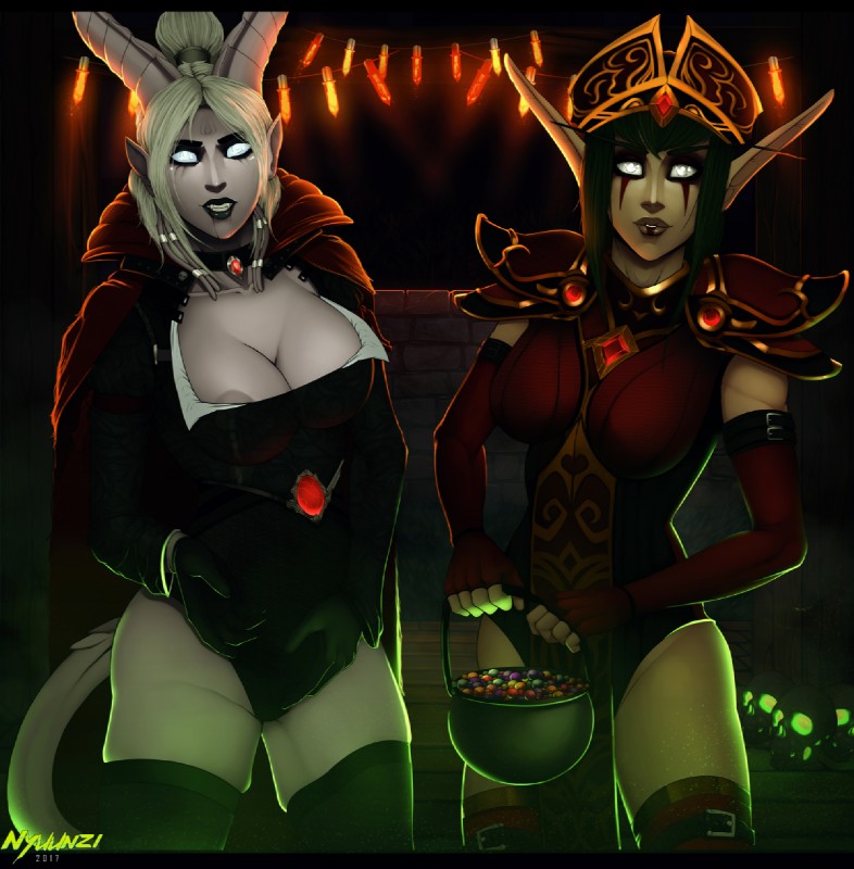 areola breasts clothed clothing costume duo female glowing glowing_eyes hair holidays horn humanoid_pointy_ears long_hair looking_at_viewer not_furry pointy_ears smile white_hair nyuunzi blizzard_entertainment halloween warcraft kayalina nilaia draenei elf humanoid night_elf 2017 digital_media_(artwork) hi_res