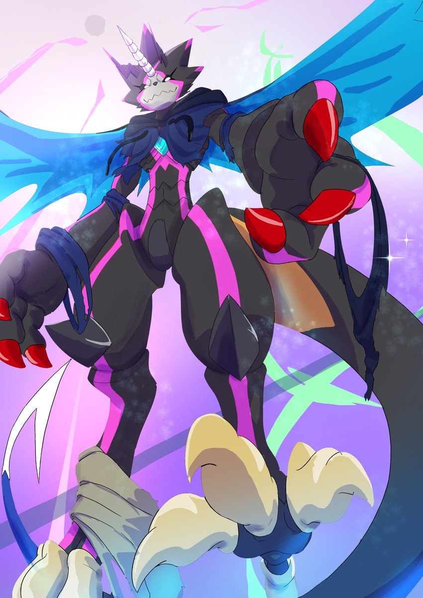 anthro black_body black_sclera cape claws clothing feet hoodie horn low-angle_view male solo talons toes topwear wings paradox_ian paradoxian bandai_namco digimon digimon_(species) gulusgammamon scalie absurd_res hi_res