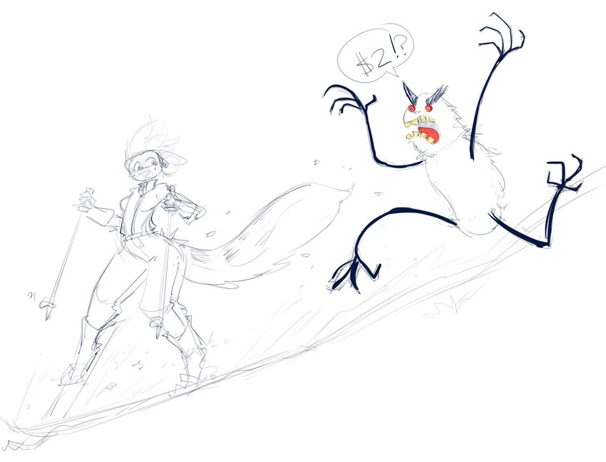 ambiguous_gender angry anthro duo female running simple_background skiing white_background wide_hips tgwonder skifree felid mammal yeti 2016 sketch